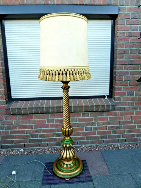 Stehlampe Antik Holz-Fuß reich geschnitzt Gold/Grün Barock-Stil Stehleuchte groß