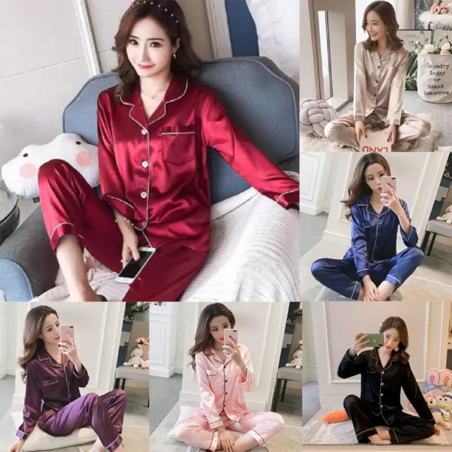 Femmes Satin Pyjamas Dames Soie À Manches Longues Pyjama Doux Ensemble De ✿ ✿