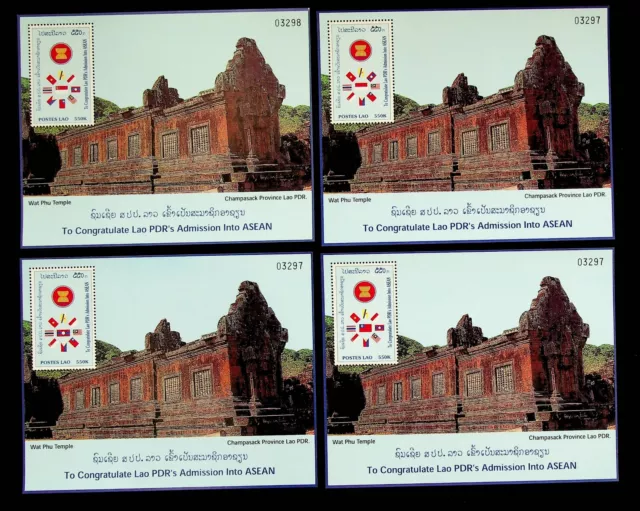 Laos Pdr's Admission Into Asean: Wat Phu Temple Set Of 4 Mint Sheets