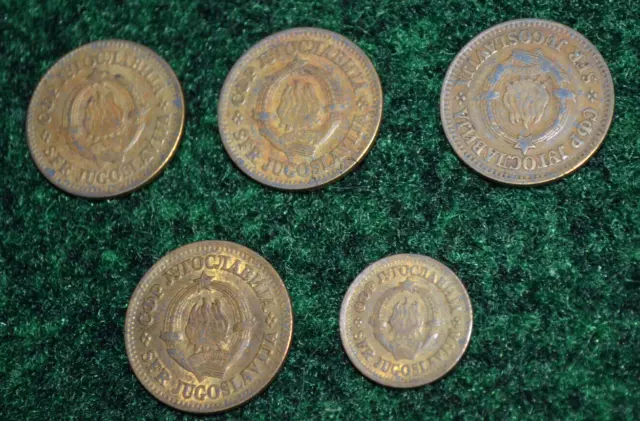 FIVE 1965 Yugoslavia 5 & 10 Para Coins