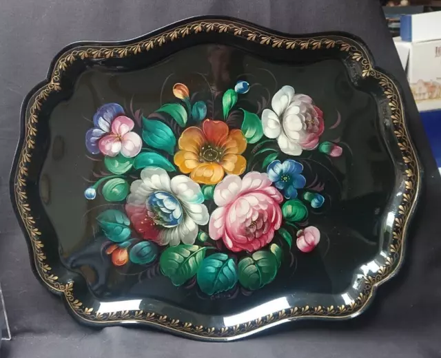 Vintage Russian Hand Painted Toleware Floral Tray 44 x 36 cms