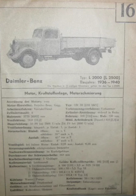 * Mercedes Benz L 2000 L 2500 1936-40  Datenblatt Typenblatt + Wartung