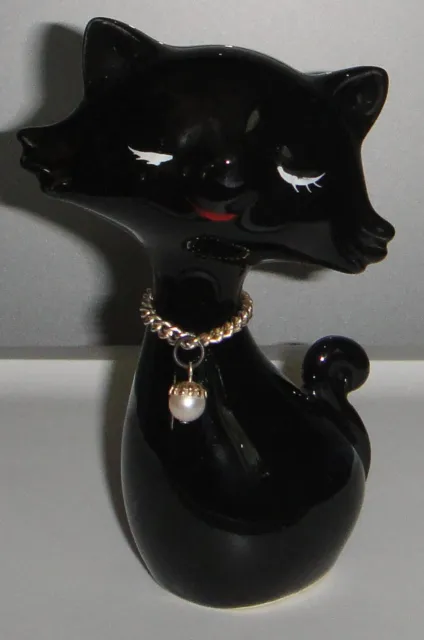 MCM Black Cat Figurine with Chain & Pearl Collar Necklace - Mid Century Mod Fab!