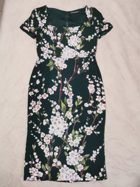 AUTH Dolce&Gabbana cherry blossom floral printed dark green cady dress 40it 3