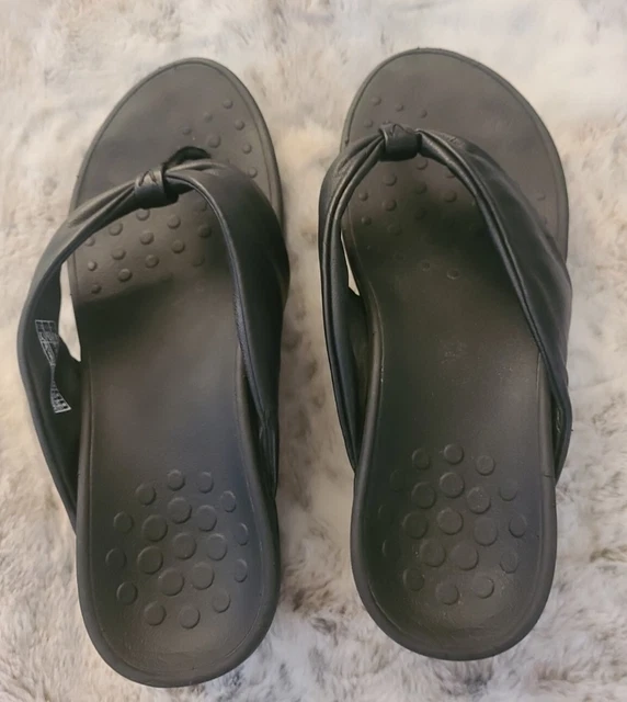 Vionic Preowned Black Arabella Wedge Thong Slip On Leather Sandals Womens Size 8 2