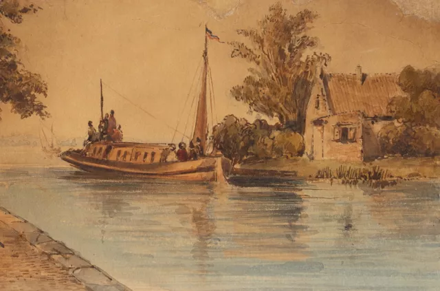 T. ECKENBRECHER (*1824) zug., Hausboot in Flusslandschaft, Aquarell Realismus