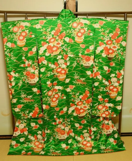 Furisode Silk Kimono Women Japanese vintage Wedding Robe 158cm /800