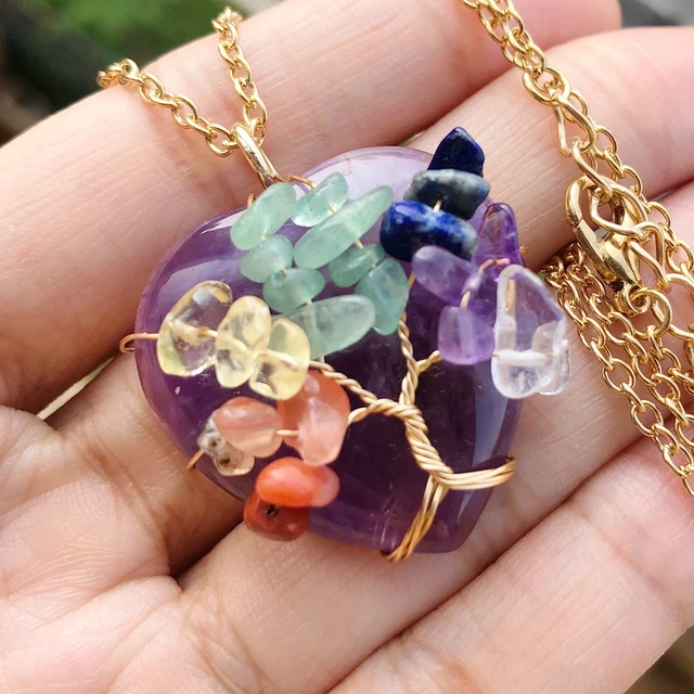 Amethyst Gem Stone Tree Of Life Water-Drop Necklace Chakra Reiki Healing Amulet