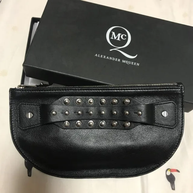 ALEXANDER MCQUEEN Women's Semi-Circle Studded Clutch Bag Black Leather USED JP