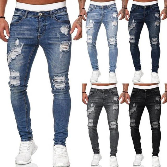 Mens Skinny Denim Ripped Jeans Distressed Frayed Slim Pants Trousers Workwear US