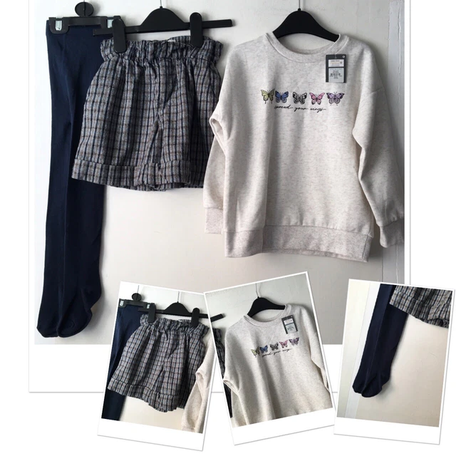 Zara Girls Paper bag Checked Shorts Exc U & New Prk Jumper & New M&s Tights 5-6