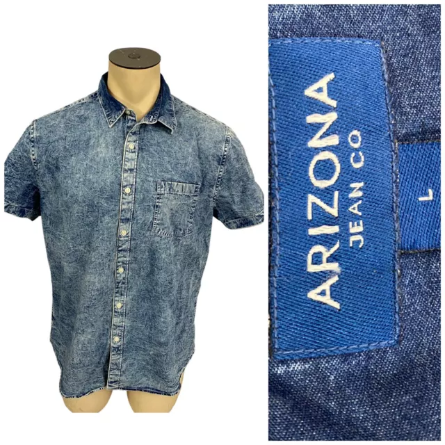 Arizona Shirt Mens Large Acid Wash Blue  Button Up Short Sleeve Rock Grunge