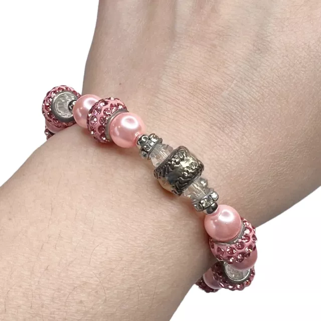 New In Box Pink Rhinestone Beaded Baseball Softball Bracelet Heart Faux Pearl