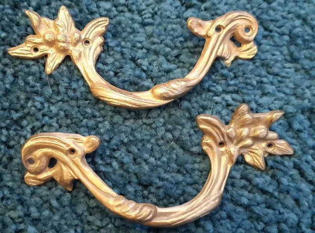 Pair of Victorian Brass Drawer Pulls Handles Gilt Rococo Old Antique 12cm Wide