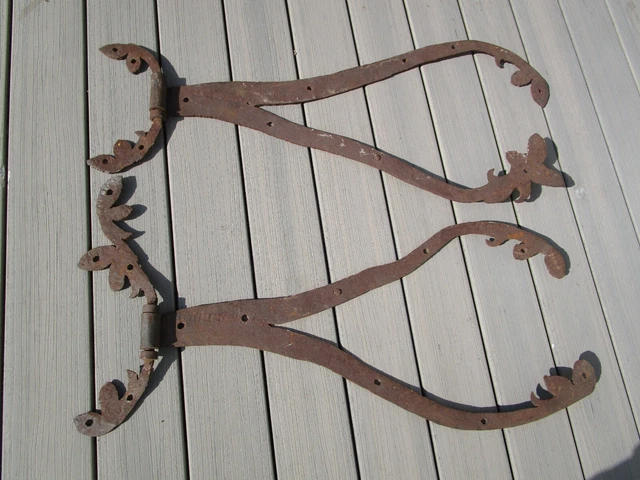 Hand Forged Antique Iron Door Hinges Floral Leaf 33"  long x 16" wide/high