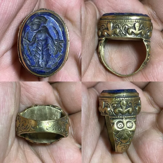 Beautiful Post Medieval Islamic Ottoman Bronze Seal Ring With Lapis Lazuli Stone