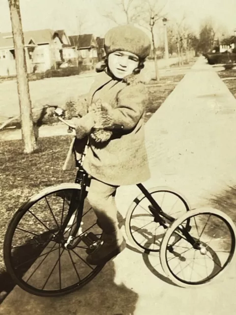 VD Photograph Girl Sidewalk Riding Tricycle 1930-40's