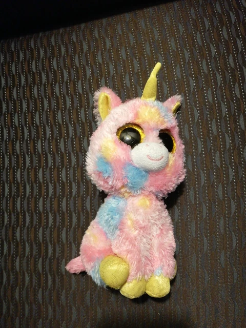 Doudou Peluche Tu Licorne Rose Jaune Bleu Yeux Noirs Et Oranges