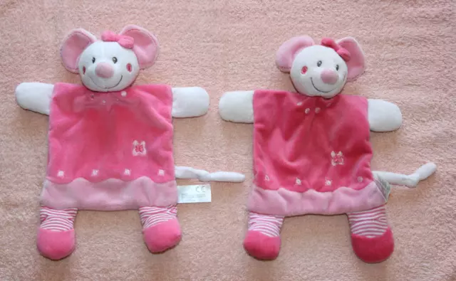 Nicotoy 2 Doudou Souris Plat Rose Fleur Jambes Rayees Etat Neuf