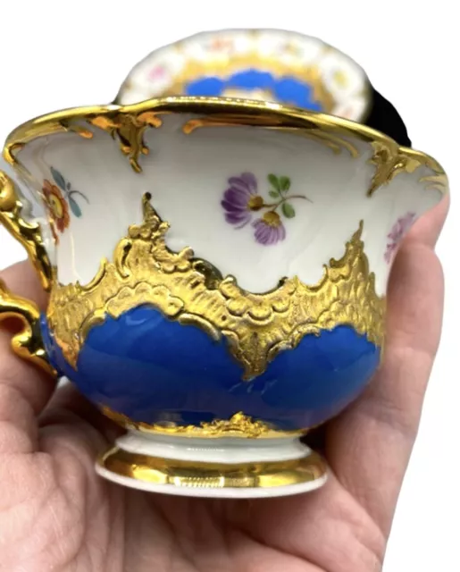 19th Century Meissen Blue & Gold Floral Demitasse Tea Cup & Saucer