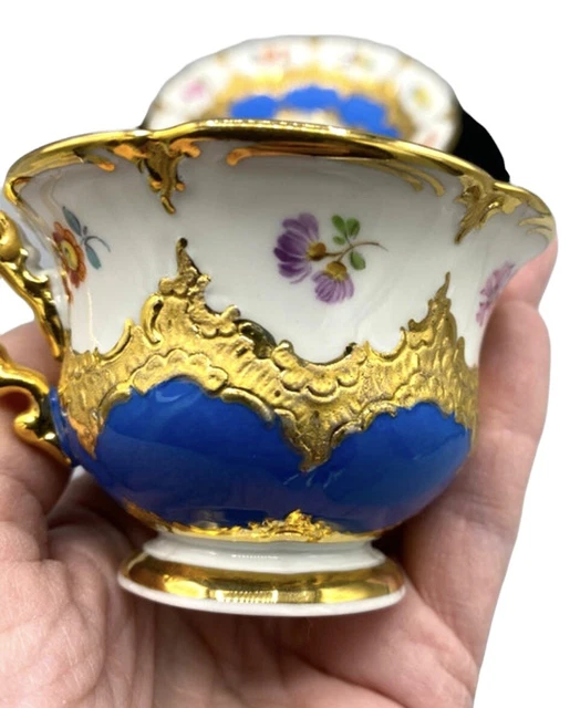 19th Century Meissen Blue & Gold Floral Demitasse Tea Cup & Saucer