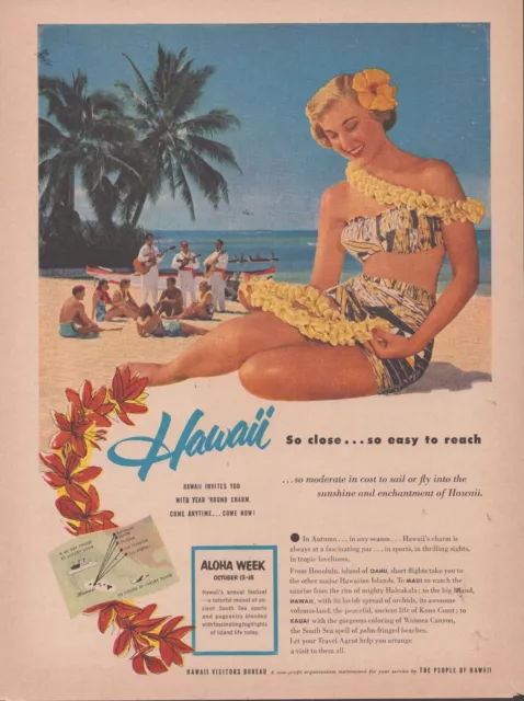 Hawaii - Visit Hawaii - 1952 - Girl on Beach - Vintage Print Ad