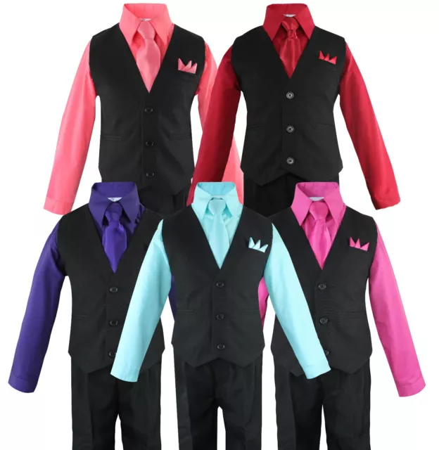 Toddler Boys 4 Piece Suit Set, Solid Black Vest and Pants w/ Colored Shirt 2T-14