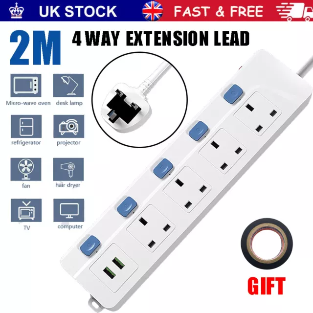 Surge Protected Extension Lead With 2 USB 4 Gang Way 2m Power Cable UK Plug