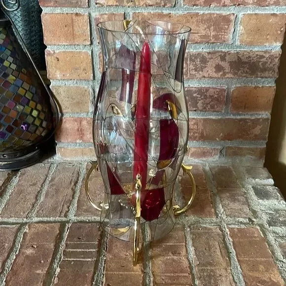 PartyLite Mosaic Calypso Glass Hurricane Shade w/ Versailles Brass Holder