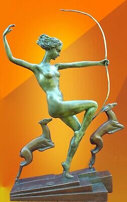 Rare Art Deco Bronze Diana Hunter Fawns Statue Nude Sculpture Naked Figure