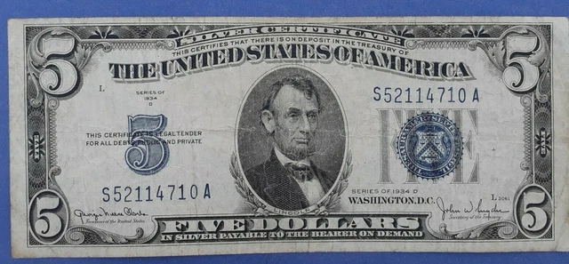 1934-D $5 Five Bill SILVER CERTIFICATE BLUE SEAL Collector Note