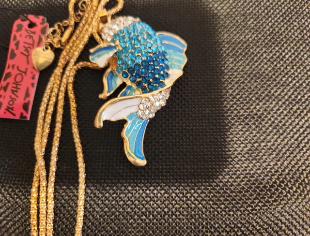 Beautiful Betsey Johnson Bling  Blue Rhinestone Enamel Goldfish Necklace Pendant 3