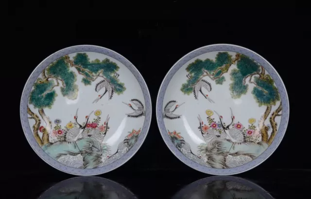 A Pair Chinese Enamel Color Porcelain Hand Painted Pine Crane Plates 14556