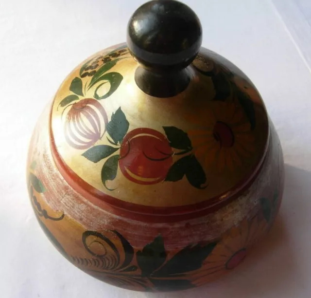 Russian USSR Lacquer floral wooden lidded trinket pot khokhloma hand painted