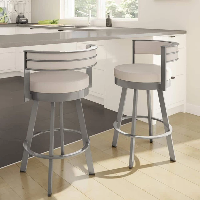 Amisco Bar Stool 26" Glossy Gray Metal Cream Faux Leather Seat w/ Foot Rest