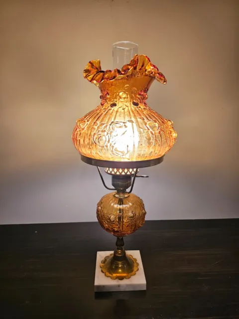 Vintage Fenton Poppy Amber Glass 21” Student Marble Base Lamp