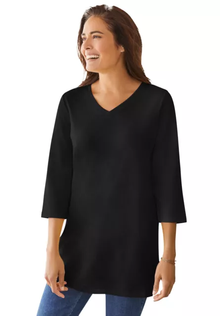 Woman Within Women's Plus Size Perfect Three-Quarter Sleeve V-Neck Tunic
