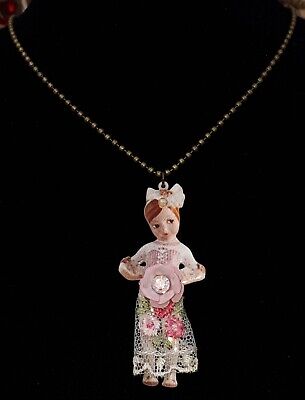 Michal Negrin Pendant Necklace Romantic Doll She-Shy Pink Floral Lace Handmade