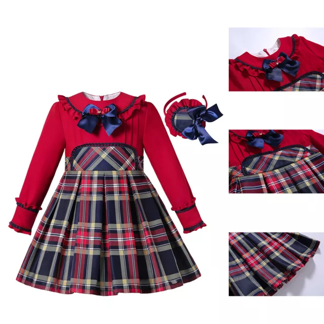 Kids Girls Spanish Check Dress Bow Christmas Party Pageant Formal Dresses Red
