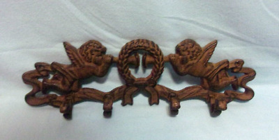 Cast Iron 4 Hook Hat Coat Towel Rack With Cherubs Angels Playing Trumpets