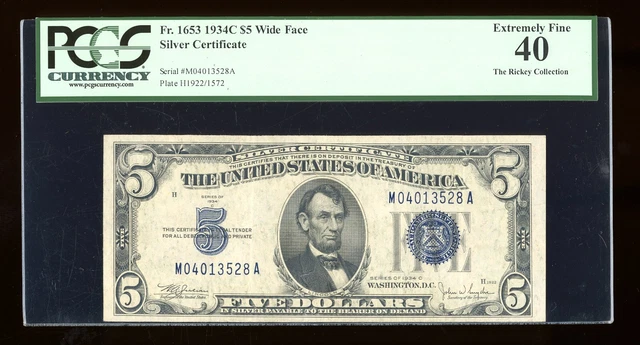 DBR $5 1934-C Silver Fr. 1653W MA Block Wide Face PCGS 45 Serial M04013528A