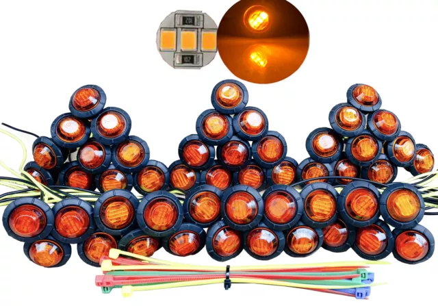 50X Mini 3/4" Round Amber LED Clearance Bullet Marker Lights Truck Trailer Bus