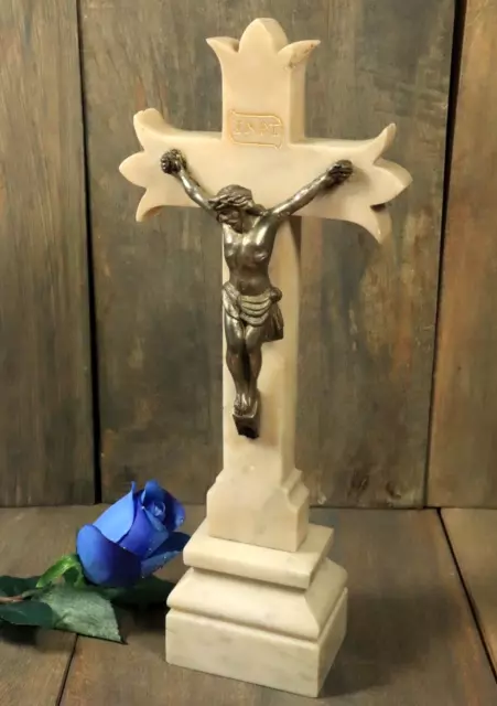 Antique French Gothic Hand Carved Marble Standing Altar Crucifix Religious 19thC