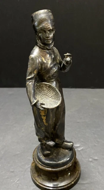Silver Patinated Bronze Statue Man Wooden Shoes with Basket & Pipe 8" Vintage