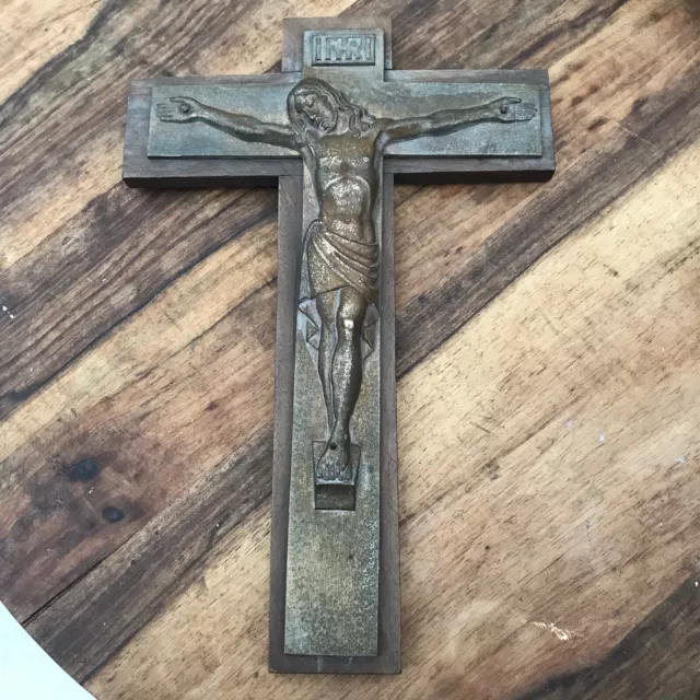 Vintage French Bronze Wall Crucifix L. Artaud Wood Cast Solid Heavy Signed 11.5”