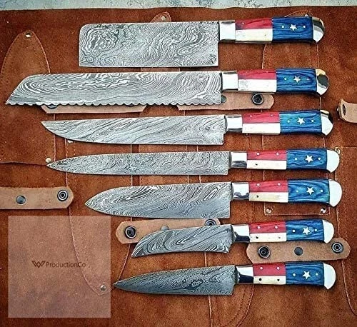 Hand made Damascus AMERICAN FLAG Chef knife set of 7 pieces With Leather POUCH