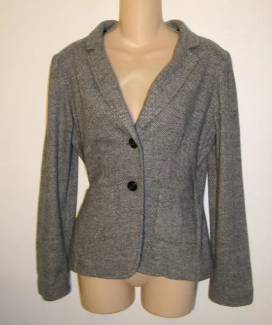 MNG Mango Gray White Chevron Short Jacket Blazer Two Button Size Medium Womens
