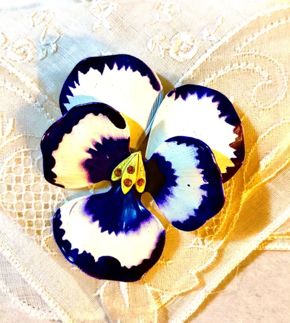 Pansy Brooch Enamel Flower Purple White Pin Mod Century MOD Lilac Violet Vtg