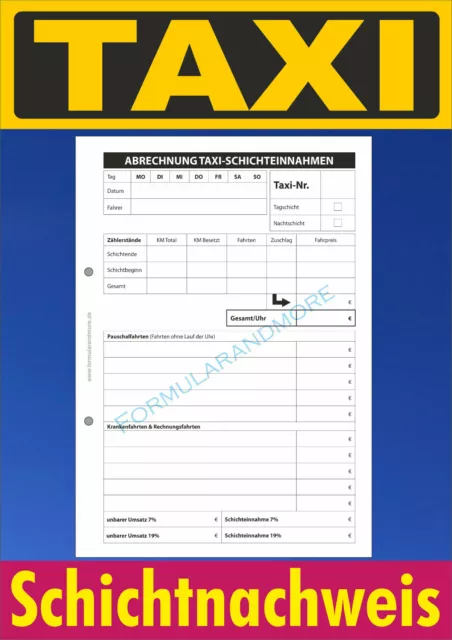 TAXI-Schichtnachweis DIN A5 Block 100 Blatt Abrechnung Taxi Schichtzettel