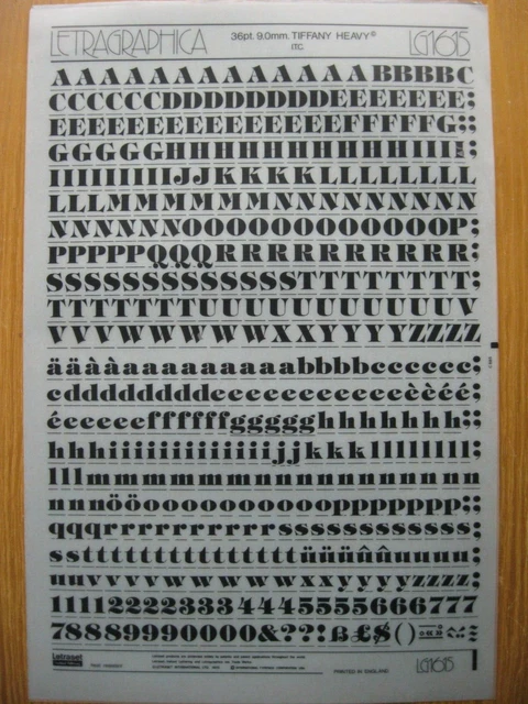1 x Letraset Upp/Low Case & Num TIFFANY SCHWER 9,0 mm 36pt Blatt LG1615 (R)